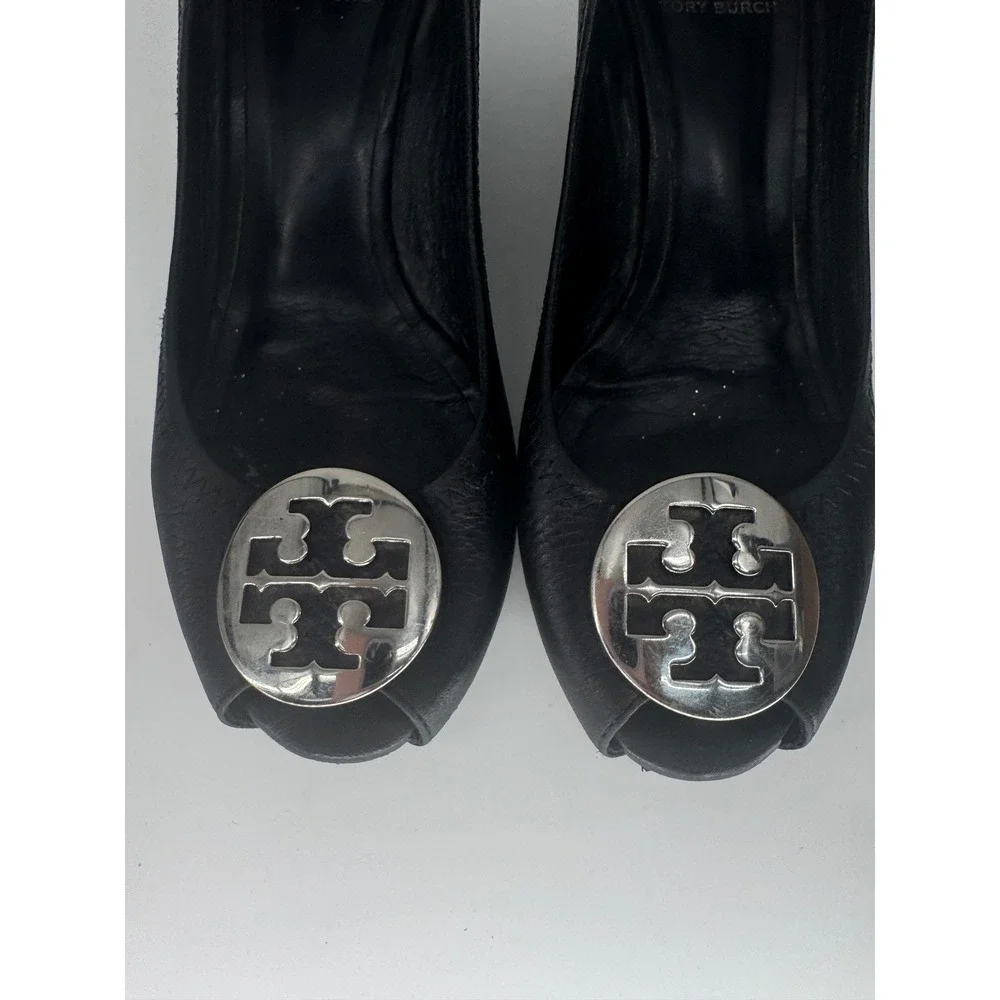 Tory Burch Wedge Heels Women 5 Black Leather Peep Toe Logo Medallion